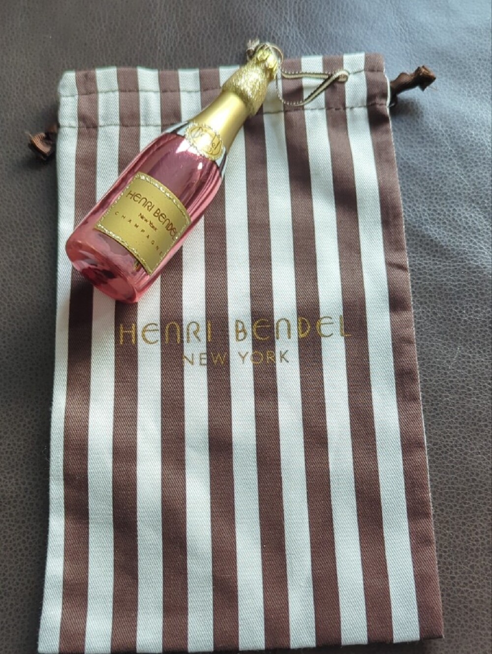 HTF vintage henri bendel Pink & Gold Champagne Bottle Glass Ornament + Dust Bag